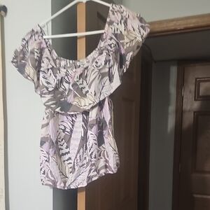 Elegant Leaf Print Blouse - Lavender and Cream